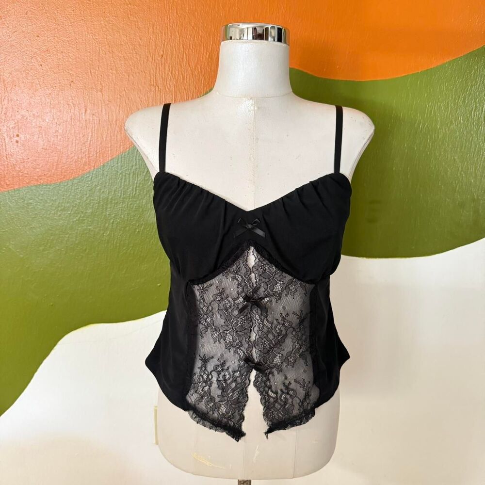 Lulus Black Mesh Lace Corset Cami Top Bow Slit Front Coquette Goth Grunge M